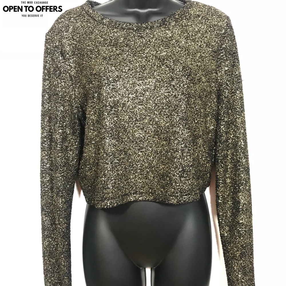 Forever 21 Plus Long Sleeve Gold Glitter Crop Top